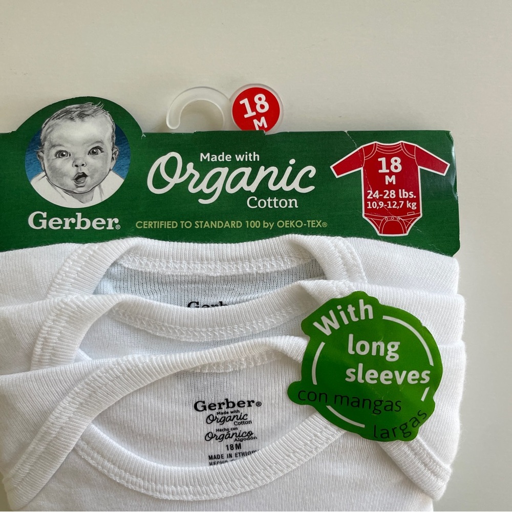 Gerber Organic 3 Long Sleeve Onesies, white - Picture 5 of 11